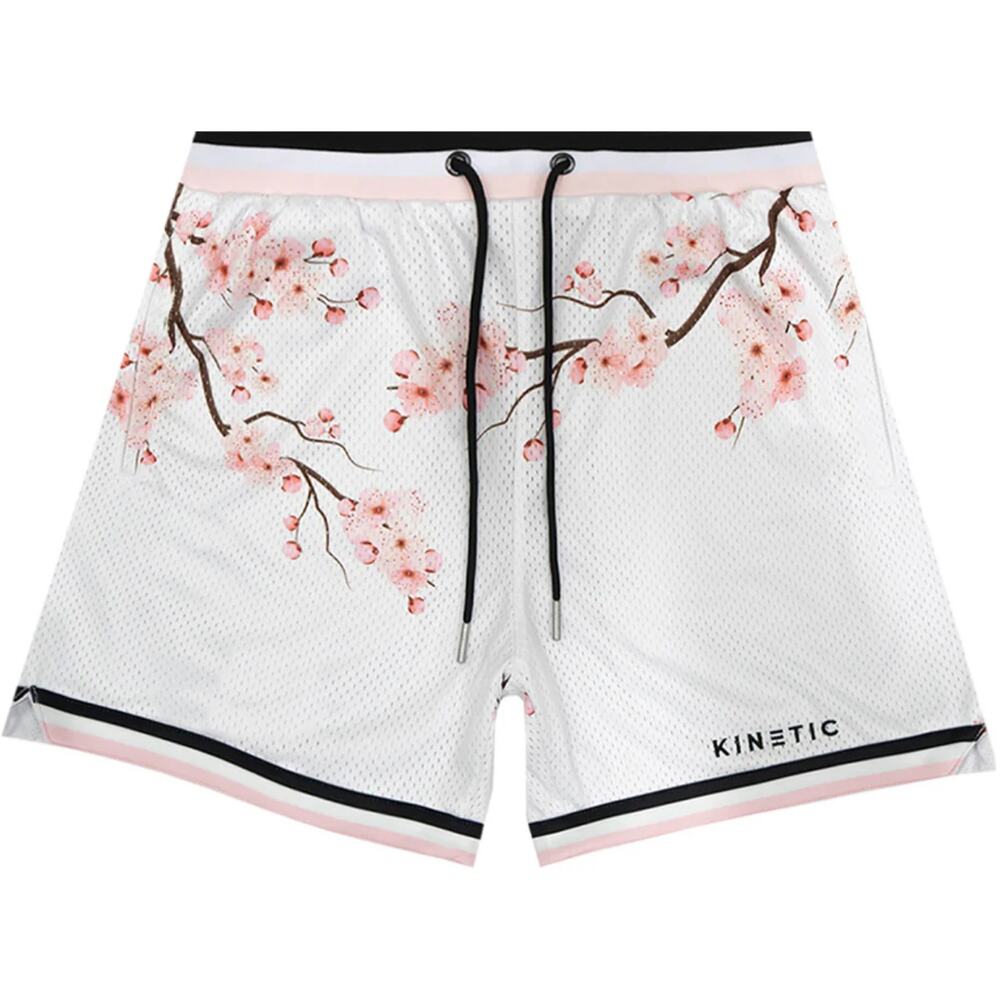 Kinetic Kings Cherry Blossom Active Shorts 5" Pockets Drawstring White Pink M